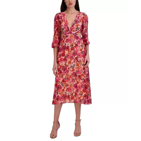 Julia Jordan Pink Floral V-Neck 3/4‎ Sleeve Cut-Out Midi Dress Size 12 NWT - Picture 1 of 14